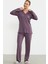 Yarım Düğmeli Cep Detaylı Pijama Takım - Mor 5