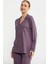 Düz Renk Gömlek Model Pijama Takım - Mor 2