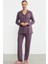 Düz Renk Gömlek Model Pijama Takım - Mor 4