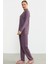 Düz Renk Gömlek Model Pijama Takım - Mor 5