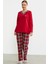 Düz Kombinli Ekose Pijama Takım - Kırmızı 1