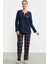 Düz Kombinli Ekose Pijama Takım - Lacivert 1