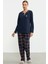 Düz Kombinli Ekose Pijama Takım - Lacivert 4