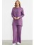 Keten Görünümlü Gömlek Pantolon Takım - Mor 1