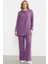 Keten Görünümlü Gömlek Pantolon Takım - Mor 3