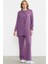 Keten Görünümlü Gömlek Pantolon Takım - Mor 4
