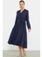 Keten Görünümlü Uzun Kol Gömlek Elbise - Lacivert 1