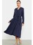 Keten Görünümlü Uzun Kol Gömlek Elbise - Lacivert 2