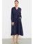 Keten Görünümlü Uzun Kol Gömlek Elbise - Lacivert 3