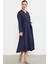 Keten Görünümlü Uzun Kol Gömlek Elbise - Lacivert 4