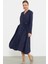 Keten Görünümlü Uzun Kol Gömlek Elbise - Lacivert 5