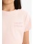 Kız Çocuk Slim Fit Dar Kesim Bisiklet Yaka Baskılı Fitilli Kaşkorse Kısa Kollu Tişört D9537A825SM 5