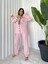 Kadın Cepli Şeritli ve Şık Biye Detaylı Pamuklı Viskon Ikili Pembe Pijama Takımı 3