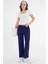 Lacivert Yüksek Bel Beli Lastikli Bağcıklı Wide Leg Basic Eşofman Alt 1