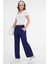 Lacivert Yüksek Bel Beli Lastikli Bağcıklı Wide Leg Basic Eşofman Alt 3