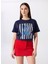 Bisiklet Yaka Baskılı Lacivert Kadın T-Shirt F5SL-TST0436 2