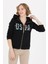 Kadın Siyah Kapüşonlu Fermuarlı Basic Sweatshirt 2