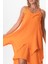 Askılı V Yaka Leyla Asimetrik Kesim Midi Boy Müslin Yazlık Elbise Turuncu Trnc 3