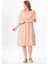 Kısa Kol V Yaka Alize Nakışlı Midi Boy Müslin Yazlık Elbise Pudra Pdr 5
