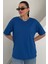 Kadın Saks Mavi Bisiklet Yaka Düz T-Shirt 1