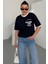 Kadın Lacivert Bisiklet Yaka Yaka Detay California Baskılı Oversize T-Shirt 1