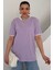 Kadın Lila Bisiklet Yaka Beyaz Yaka ve Kol Detay Düz Oversize T-Shirt 1