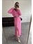 V Yaka Düğmeli Triko Elbise- Pembe 1
