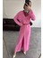 V Yaka Düğmeli Triko Elbise- Pembe 4