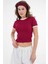 Bordo Yaka ve Kol Garni Detaylı Biyeli Fitilli Örme Crop Bluz 1