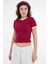 Bordo Yaka ve Kol Garni Detaylı Biyeli Fitilli Örme Crop Bluz 4