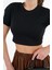 Siyah Bisiklet Yaka Kısa Kol Fitilli Örme Crop Bluz 2
