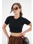 Siyah Bisiklet Yaka Kısa Kol Fitilli Örme Crop Bluz 4