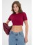 Bordo Bisiklet Yaka Kısa Kol Fitilli Örme Crop Bluz 1