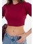 Bordo Bisiklet Yaka Kısa Kol Fitilli Örme Crop Bluz 2