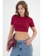 Bordo Bisiklet Yaka Kısa Kol Fitilli Örme Crop Bluz 4