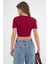 Bordo Bisiklet Yaka Kısa Kol Fitilli Örme Crop Bluz 5