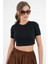 Siyah Bisiklet Yaka Kısa Kol Fitilli Örme Crop Bluz 1