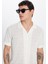 Erkek Slim Fit Dar Kesim Kısa Kollu Örme Doku Apaş Yaka Ekru Gömlek 1
