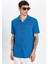 Erkek Slim Fit Dar Kesim Kısa Kollu Örme Doku Apaş Yaka Saks Mavi Gömlek 1