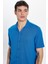 Erkek Slim Fit Dar Kesim Kısa Kollu Örme Doku Apaş Yaka Saks Mavi Gömlek 2