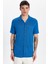 Erkek Slim Fit Dar Kesim Kısa Kollu Örme Doku Apaş Yaka Saks Mavi Gömlek 3