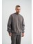 Unisex Uzun Kol Bisiklet Yaka Yıkamalı Sweatshirt - Füme 3