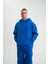 Unisex Double Oversize Kapşonlu Basic Sweatshirt - Mavi 4