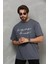 Unisex Bisiklet Yaka Baskılı Oversize T-Shirt - Füme 4