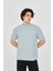 Unisex Waffle Kumaş Rahat Kol T-Shirt - Buz Mavisi 1