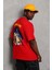 Unisex Oversize Baskılı Bisiklet Yaka T-Shirt - Kırmızı 2