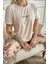 Bej Vintage Desenli Kısa Kollu Örme Kadın Pijama Takımı 5
