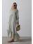 Çizgili Oversize V Yaka Elbise - Haki 3