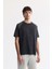 Erkek Siyah Bisiklet Yaka Geometrik Desenli Bloklu Teknik Kumaş Detaylı T-shirt A51Y1160 1