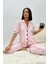 Kadın Lacivert-Pembe Kısa Kollu Pijama Takım Pamuklu Düğmeli Cep Tasarım Detaylı 2